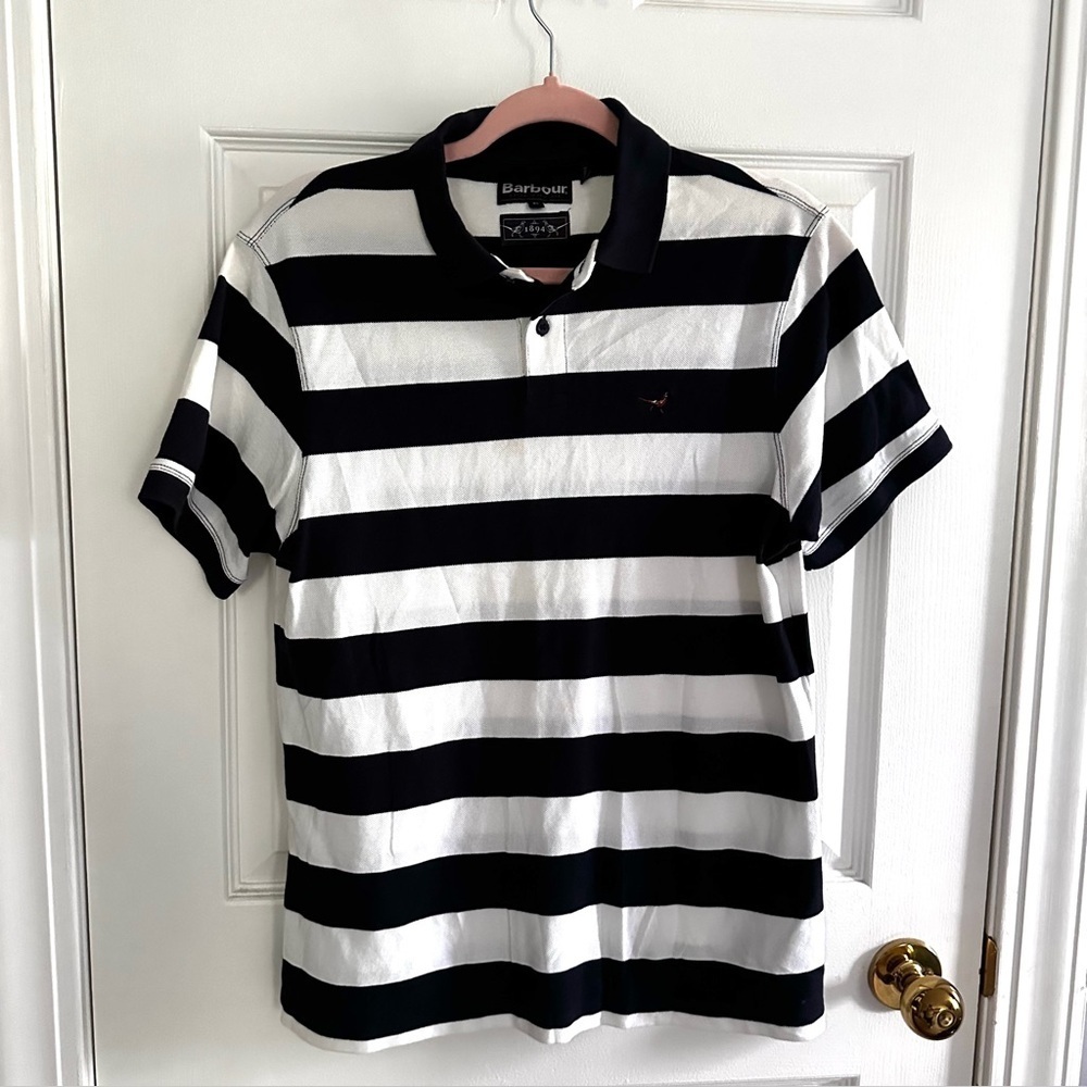 Barbour Polo Shirt M Black & White Wide Stripes EUC